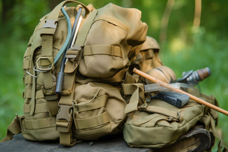 close-up of backpack, with hiking or survival gear visible, created with generative aiの素材