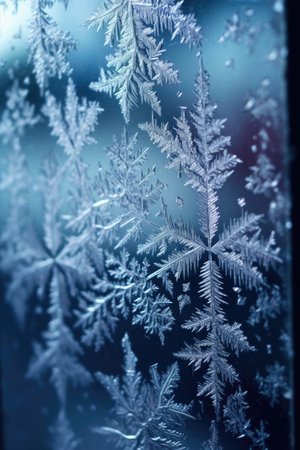 macro shot of snowflakes on a frozen window, created with generative aiの素材