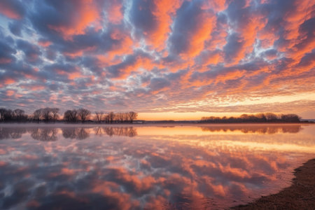 contrasting stratus and cumulus clouds at sunrise, created with generative aiの素材