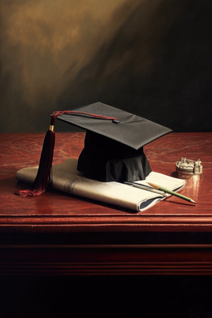 detail of a graduation cap and diploma on a table, created with generative aiの素材