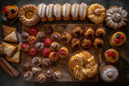 aerial view of a variety of pastries on a counter, created with generative aiの素材