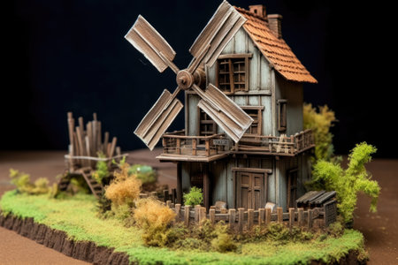 handcrafted miniature windmill in a rural setting, created with generative aiの素材