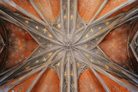 symmetrical view of vaulted ceiling with stained glass, created with generative aiの素材