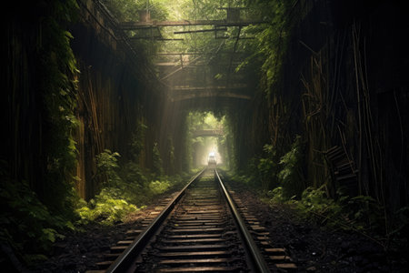 old railroad tracks disappearing into a dark tunnel, created with generative aiの素材