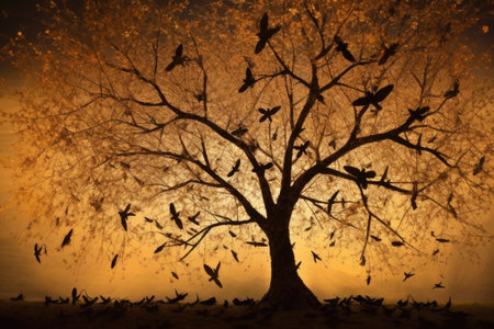 locusts covering a tree, creating a silhouette, created with generative aiの素材