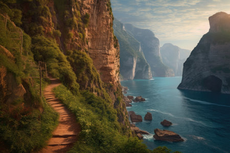 cliffside path with dramatic mountain backdrop, created with generative aiの素材
