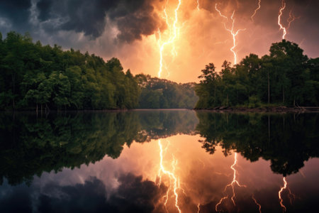 lightning reflection on a calm lake surface, created with generative aiの素材