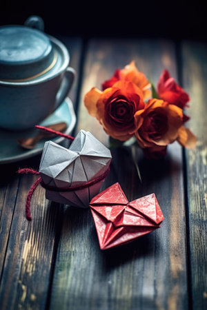 origami heart with a thank you tag on a rustic table, created with generative aiの素材