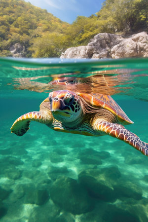 close-up of a sea turtle swimming in crystal-clear water, created with generative aiの素材