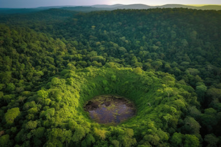 drone view of an impact crater in lush forest, created with generative aiの素材
