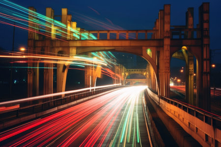 long exposure of traffic lights on a busy bridge, created with generative aiの素材