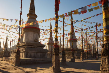 prayer flags on poles surrounding sacred stupa, created with generative aiの素材