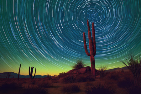 star trails circling around a desert cactus at night, created with generative aiの素材