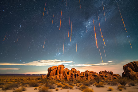 wide-angle view of desert night sky with meteor shower, created with generative aiの素材