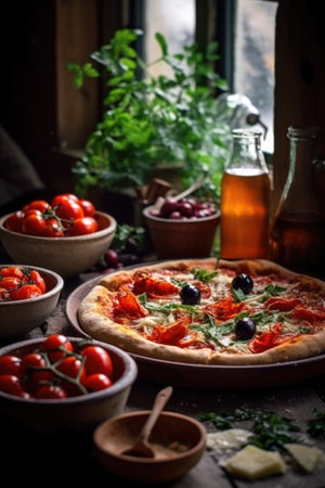 rustic pizza with olives, tomatoes and basil, created with generative aiの素材