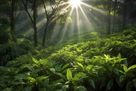 sunrays peeking through tea plantation foliage, created with generative aiの素材