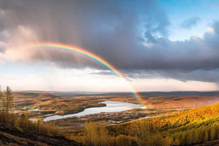wide-angle shot of rainbow spectrum over a scenic landscape, created with generative aiの素材