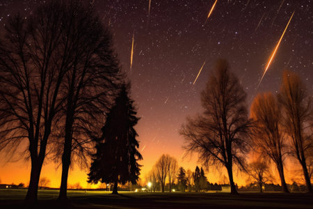 meteors streaking behind a silhouette of trees, created with generative aiの素材