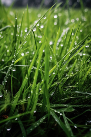 raindrops on fresh green grass after rainfall, created with generative aiの素材