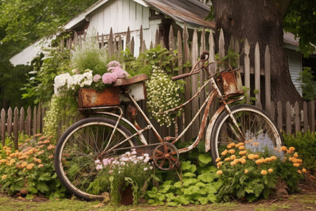 old-fashioned bike surrounded by flowers in garden, created with generative aiの素材