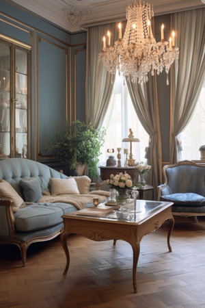 elegant living room with classic vintage furniture and chandelier, created with generative aiの素材