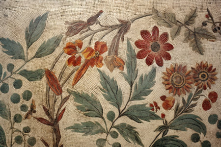 ancient roman mosaic with floral and leaf patterns, created with generative aiの素材