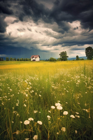 dramatic storm clouds gathering over a peaceful meadow, created with generative aiの素材