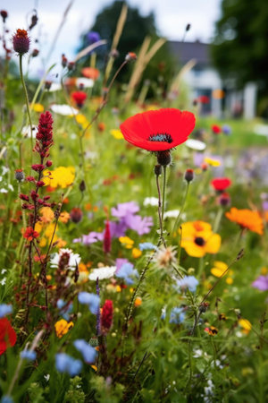 vibrant wildflower meadow with selective focus, created with generative aiの素材