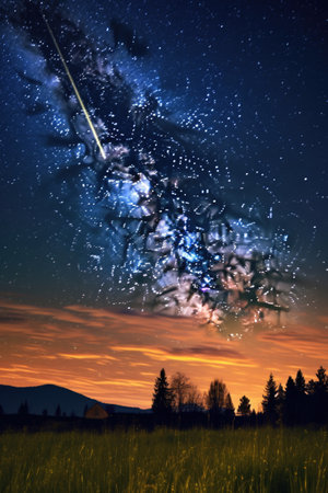 night sky with clear milky way and shooting star, created with generative aiの素材