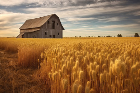 old wooden barn surrounded by golden wheat fields, created with generative aiの素材