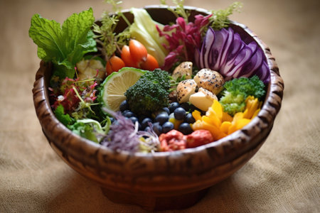 colorful mixed salad bowl with leafy greens and toppings, created with generative aiの素材