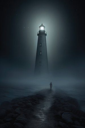 a lighthouse guiding through dark and foggy night, created with generative aiの素材