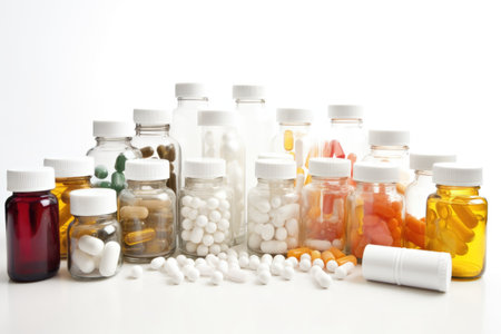 bottles and jars of nutritional supplements neatly arranged on a white background, created with generative aiの素材
