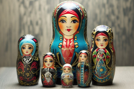set of nesting dolls in traditional russian attire, created with generative aiの素材