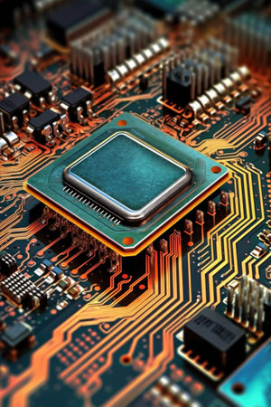 macro shot of computer processor chip, created with generative aiの素材