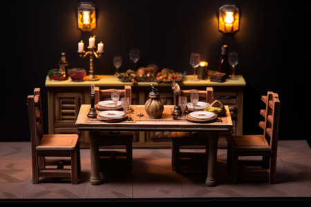 handcrafted miniature dining room with elegant table setting, created with generative aiの素材