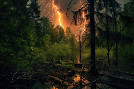 lightning storm creating an eerie glow in a forest, created with generative aiの素材