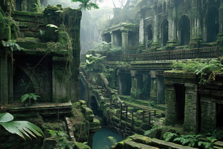 ancient ruins overtaken by jungle growth, created with generative aiの素材