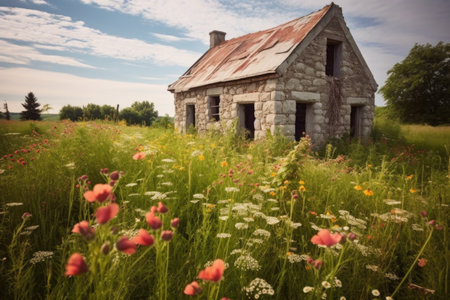 abandoned stone cottage surrounded by wildflowers, created with generative aiの素材
