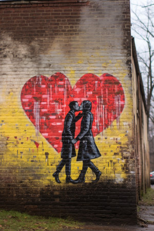 love-themed street art or graffiti on a brick wall, created with generative aiの素材