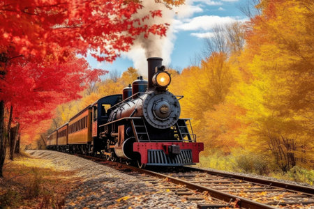 steam locomotive with colorful autumn foliage in the background, created with generative aiの素材