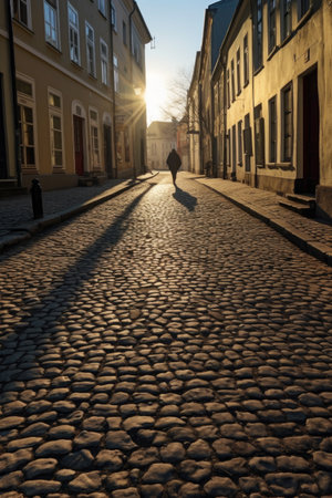 shadow of a person walking on a cobblestone street, created with generative aiの素材
