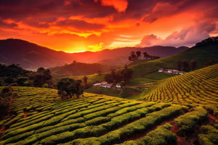 tea plantations against a dramatic sunset sky, created with generative aiの素材