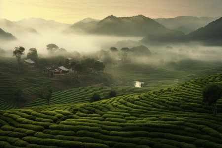 misty morning over rolling tea fields, created with generative aiの素材