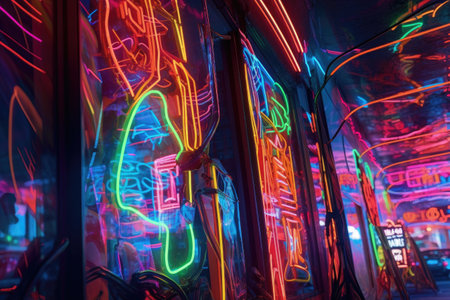 abstract close-up of vibrant neon signs, created with generative aiの素材