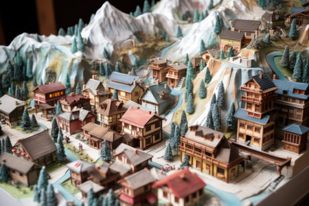 tiny replica of a mountain village with snow-capped peaks, created with generative aiの素材