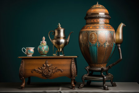vintage russian samovar with teapot on top, created with generative aiの素材