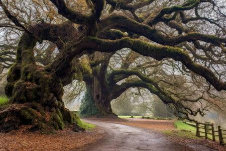 ancient oak tree arching over a quiet path, created with generative aiの素材