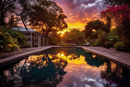 sunrise reflection over a tranquil garden pool, created with generative aiの素材