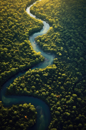 aerial view of a winding river through the countryside, created with generative aiの素材